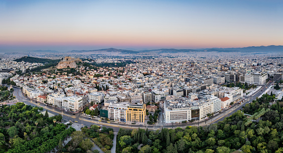 Aerial panoramic photo of Athens Historical Center - Acropolis of Athens, Mitropoleos area, Cathedral of Athens and the hill of Lycabetus - Greece