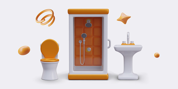 Bathroom color concept. 3D shower cabin, toilet, washstand, orange decorative elements. Vector isolated illustration in cartoon style. Set for web design