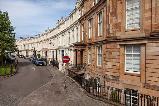 Part of Royal Crescent, a landmark Georgian-style crescent of terraced houses in the West End of Glasgow, Scotland. The crescent was designed by Alexander Taylor and built between 1839-1849.