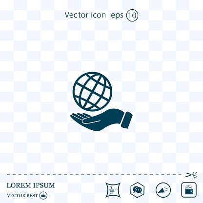 Globe icon with hand, vector illustration. Flat design style