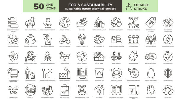 eco and environmental sustainability icon set: 50 thin line illustrations for a greener future - editable stroke icons on ecology, renewable energy and eco-friendly practices - nature stock illustrations