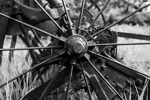 Abandoned Farm Implement Wheel in Black and White
