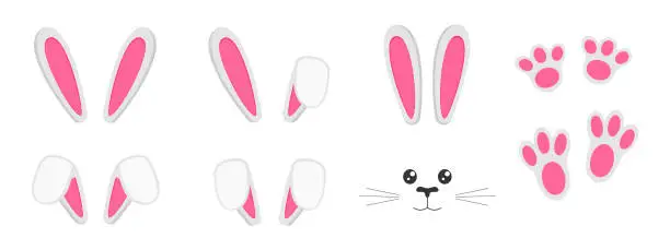 Vector illustration of Set of cute bunny ears, muzzles and paws isolated on white background. Decoration elements for Easter party, photo shoot, greeting or invitation card, celebration banner