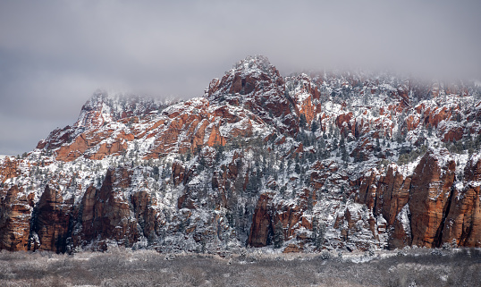 Snow And Fog Contrast With The Orange Rocks Of Zion National park