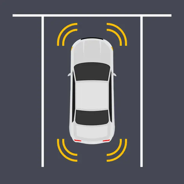 Vector illustration of Parking smart car sensor autonomous view. Automobile park assist drive safety