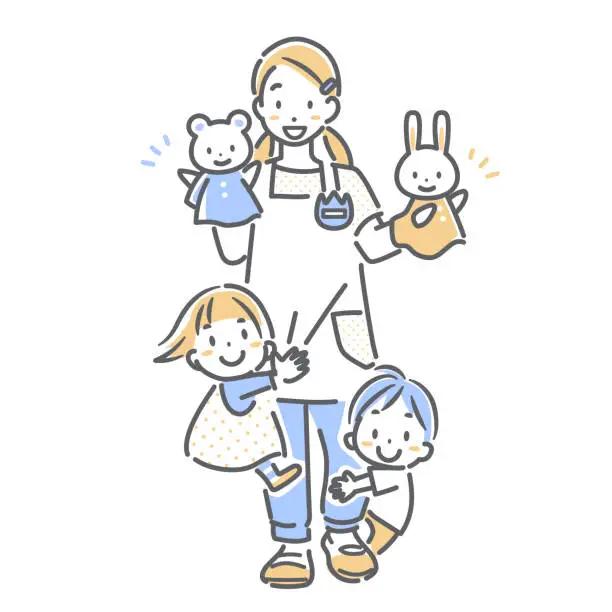 Vector illustration of childcare worker and children