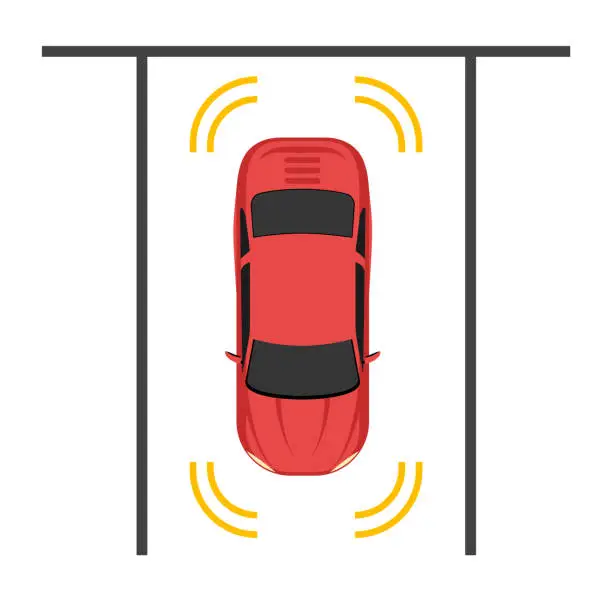 Vector illustration of Parking smart car sensor autonomous view. Automobile park assist drive safety