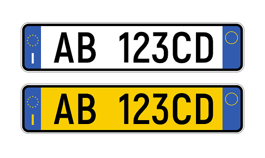 License plate Italian number. Italy licence european auto numberplate registration.