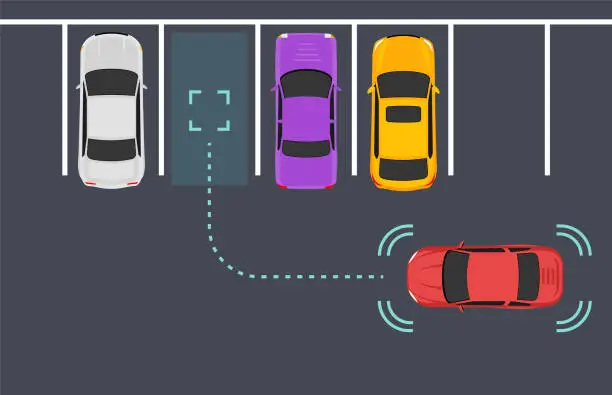 Vector illustration of Parking smart car sensor autonomous view. Automobile park assist drive safety