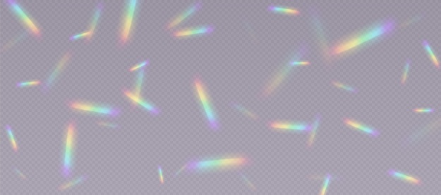 Rainbow refraction overlay, leak flare, prism light effect, rainbow sunlight, holographic rays with transparency. Blurred bokeh retro photo texture, vintage camera glare. Vector background.