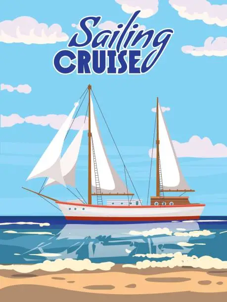 Vector illustration of Sailboat Summer Cruise poster retro, sailing ship on the osean, sea. Tropical cruise, summertime travel vacation. Vector illustration vintage
