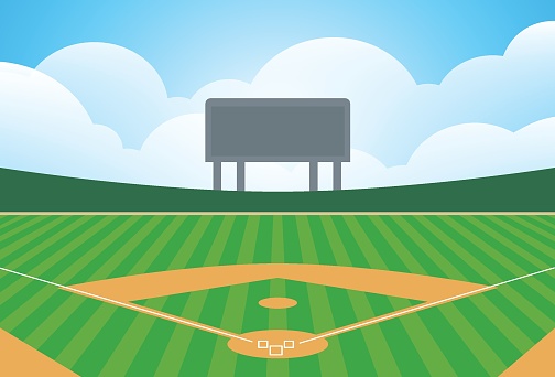 Vector baseball field with infield dirt and outfield grass, baseball diamond, baseball stadium, stock illustration