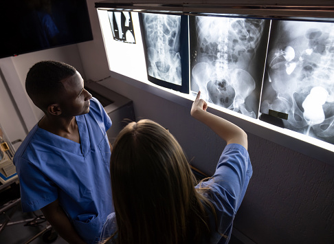 Medical students looking at x-ray images from different patients and learning - medical school concepts