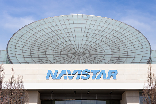 Lisle, IL, USA - February 19, 2024: Navistar is an American company and owner of International branded trucks and engines and also produces buses under the IC Bus Brand.