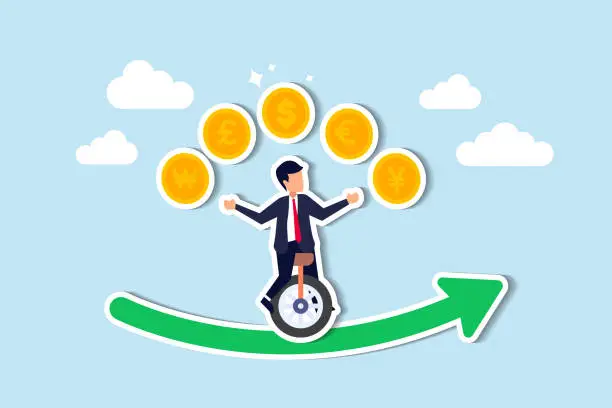 Vector illustration of Forex Trading currencies, investing based on price and economic speculation concept, businessman expert juggling money currency coins, dollar, euro, pound, japan yen and Korean won.