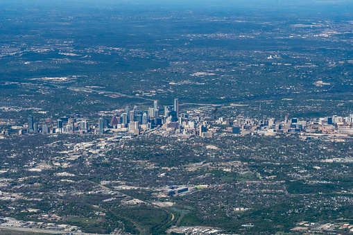Aerial photograph of the Skyline of Austin, Texas and surrounding suburbs