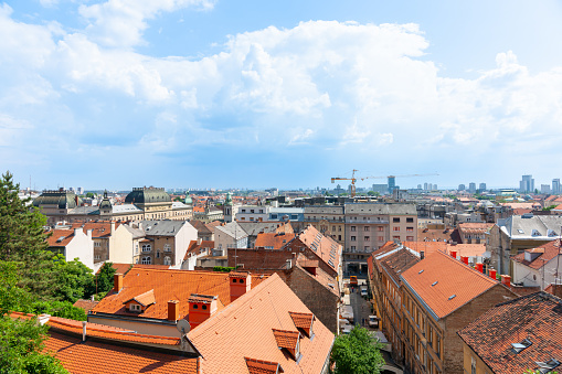 View of skyline with one crane in Zagreb, Croatia,