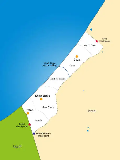 Vector illustration of Map of the Gaza Strip in Palestine, with English place names, Israel, Egypt,