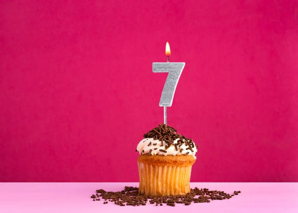 istock Birthday celebration with candle number 7 - Chocolate cupcake on pink background 2024131023