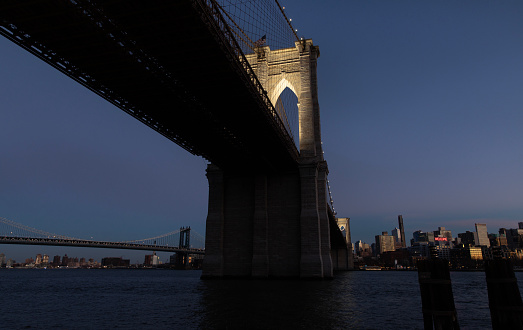 Brooklyn Bridge view illuminated at dusk