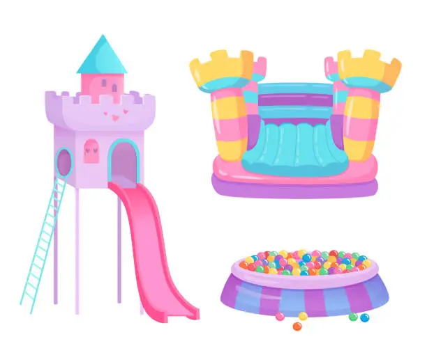 Vector illustration of Kids playground vector illustration set. Children game center in mall. Indoor or outdoor kids play zone. Trampoline bouncy castle, plastic slide, ball pool. Active leisure fun happy childhood concept