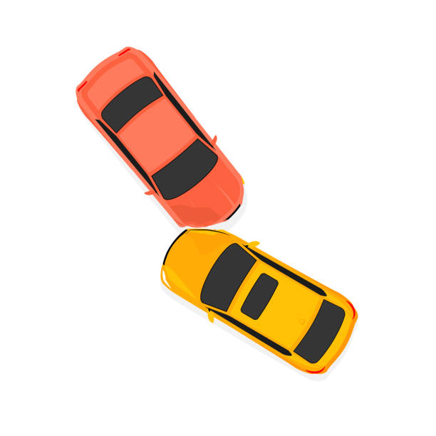 illustrazioni stock, clip art, cartoni animati e icone di tendenza di car accident speed crash vector top view cartoon icon. car crash concept illustration - dented bumper car accident