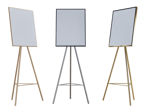 Wooden Easels with Mockup Empty Blank Canvases Isolated. Artwork blank poster mockups. Wooden board with paper white canvas. 3D rendering