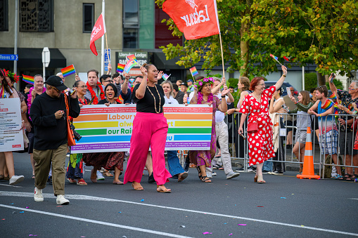 Auckland, New Zealand - Feb 17 2024: Labour Party of New Zealand at Auckland Rainbow Parade in Ponsonby Road.