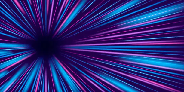 Vector illustration of Light speed blue rays, perspective tunnel with neon radial traces. Motion effect and abstract bright zoom road. Comic manga vector illustration