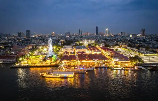 Photo of Aerial view of Asiatique The Riverfront open night market at the Chao Phraya river in Bangkok, Thailand