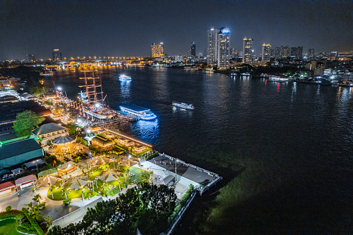 Aerial view of Asiatique The Riverfront open night market at the Chao Phraya river in Bangkok, Thailand, south east asia