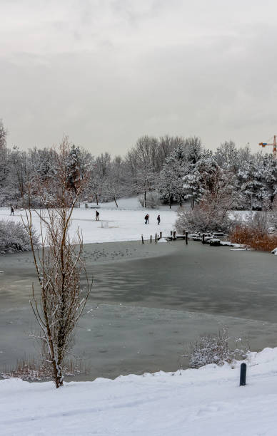 Snow covered public park in Zurich, Switzerland