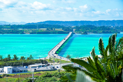 Image of Kouri Ohashi Bridge and the beautiful sea in Okinawa, Japan