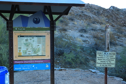 Phoenix, AZ - November 25, 2023:  Detailed hiking safety information placard placed at the start point of Trail 44 in North Mountain Park,  Phoenix, Arizona