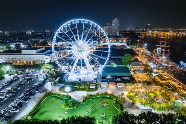 Photo of Aerial view of Asiatique The Riverfront open night market at the Chao Phraya river in Bangkok, Thailand