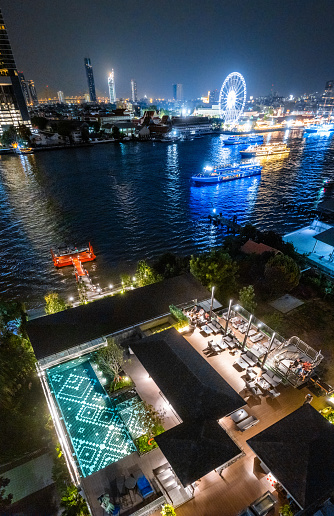 Aerial view of Asiatique The Riverfront open night market at the Chao Phraya river in Bangkok, Thailand, south east asia