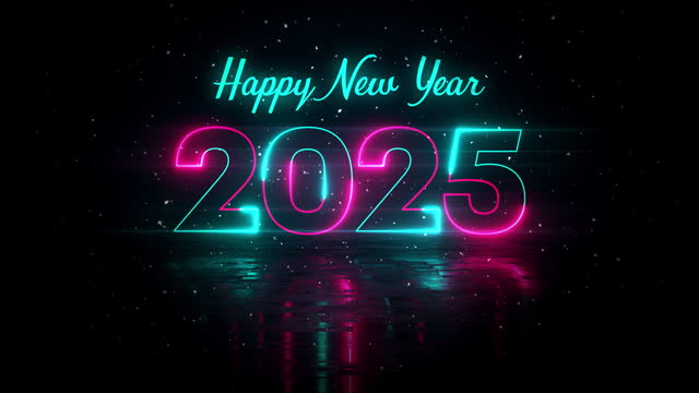 Futuristic Turquoise Red Glowing Neon Light Happy New Year 2025 Text Reveal With Floor Reflection Amid The Falling Snow On Dark Background