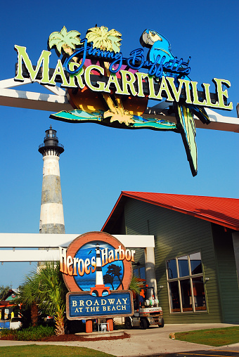 Myrtle Beach, SC, USA June 26, 2013 A large parrot sits on the sign to Jimmy Buffets Margaritaville, a bar and restaurant themed on the singers famous song in Myrtle Beach, South Carolina