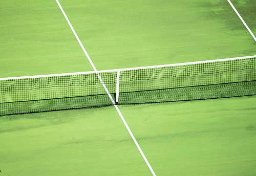 tennis court background. Overhead view of tennis court, close-up on net, capturing intensity of game. Focus on net intricate pattern, highlighting competitive spirit