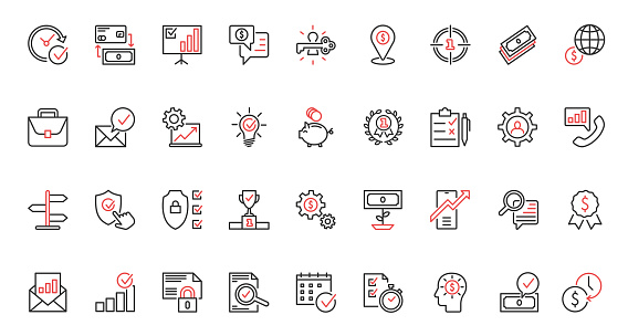 Red black thin line icons set for business communication, commerce, time management, global enterprise organization symbols for finance presentation, briefcase and lightbulb, money vector illustration