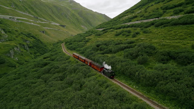 Aerial view of steam train passing Alpine meadow in Swiss Alps