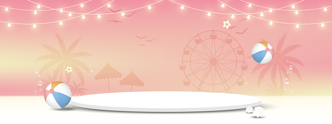 White podium decoration with scene silhouette beach, light decorations, beach balls on sky summer scene background. Platform for display product show. Vector illustration.