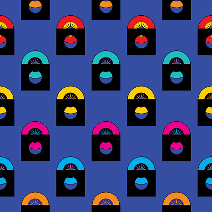 Vector seamless pattern of colorful 45 rpm records on d square blue background.