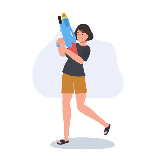 Vector illustration of Joyful Asian Woman Enjoying Songkarn Festival Water Fight. woman with Water Gun