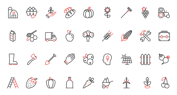 Farm agriculture red black thin line icons set vector illustration. Farmers tractor truck, eco village windmill and solar panel, farmhouse agrarian equipment, machines for agronomy, organic harvest.