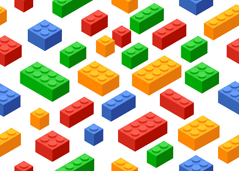 Block toy brick building icon seamless background. Isometric vector brick toy plastic set cube.