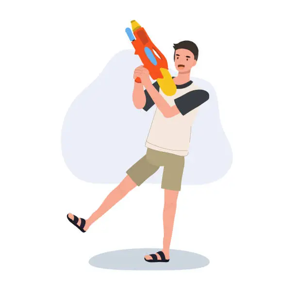 Vector illustration of Joyful man Enjoying Songkarn Festival Water Fight. man with Water Gun