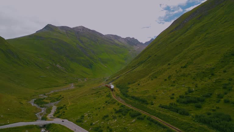 Aerial view of steam train passing Alpine meadow in Swiss Alps