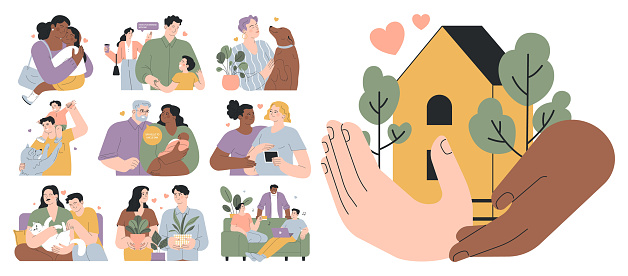 non-traditional family relationships set. Modern happy loving family or family structure. Care, trust and support. Close and sweet communication between humans and pets. Flat vector illustration.