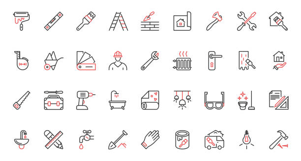 home repair and decoration red black thin line icons set, house renovation pictogram collection. - home decorating nail screw spanner stock illustrations